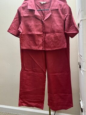Two-Piece Linen Button Front Set in Deep Wine Red